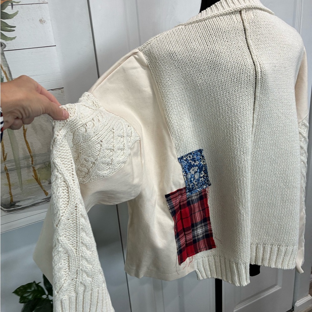 POL Cream V-Neck Sweater with Lace and Denim Accents - Picture 6 of 6